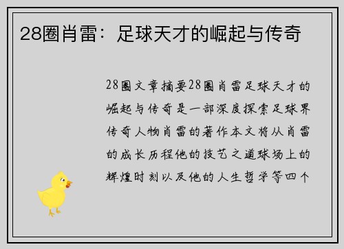 28圈肖雷：足球天才的崛起与传奇